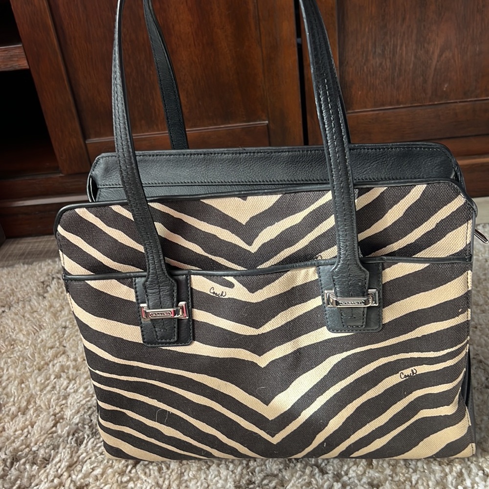 Coach Tote zebra print in tan & black leather trim & handles EUC - Picture 5 of 13